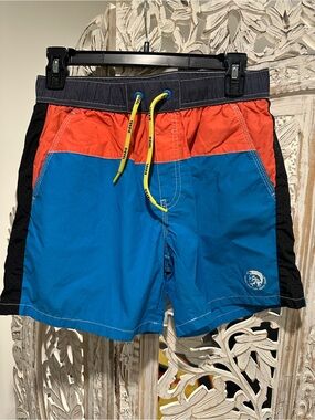 Diesel Colorblock Swim Shorts in Blue, Coral, Navy with Yellow Drawstring